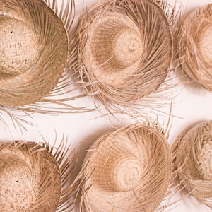 vintage Mexican straw grass sun hat woven rattan palm leaf natural fringe sombrero authentic beach souvenir wall hanging rustic primitive image 10