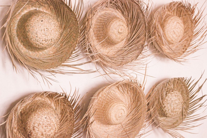 vintage Mexican straw grass sun hat woven rattan palm leaf natural fringe sombrero authentic beach souvenir wall hanging rustic primitive image 10