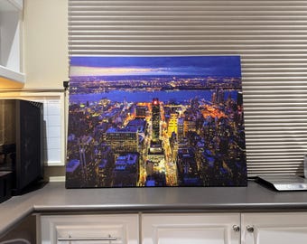 Breathtaking New York City Skyline Canvas Wall Art – Times Square New Year’s Eve Clock Building, Aerial Night Photography Print 40×30 inch