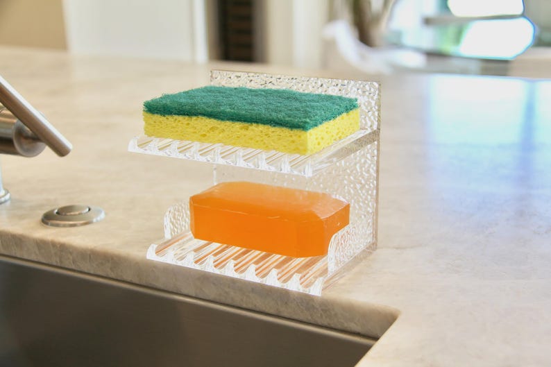 Aacrylic Double Shelves with drainage Sponge Holder, Soap Holder, Soap Dish, Soap Saver, Kitchen Bath Organizer rack for Sink, Bath, Shower image 6