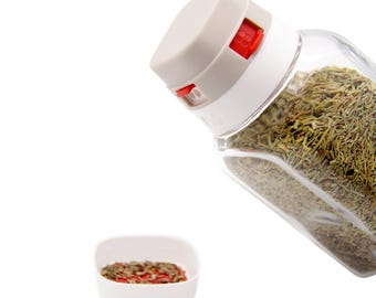 Multi-Spout Spice Container Jar Salt and Pepper Shaker Kitchen Glass Jar with Measurement Cap and Different Openings for Salt, Pepper, Spice