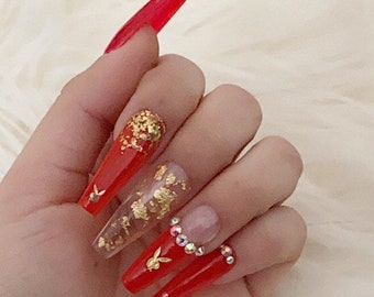 pics Coffin Acrylics Cherry Red Red Coffin Nails With Glitter red and gold nails etsy