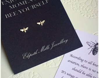 Cute sterling silver bumble bee stud earrings with poem great gift