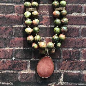 Women’s two strand beaded boho handmade necklace with a gemstone pendant one of a kind gift