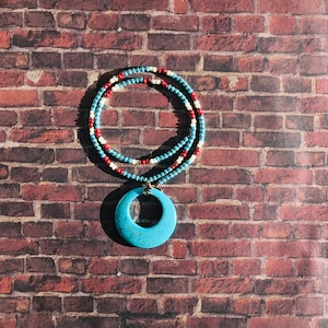 Women’s long turquoise beaded boho statement necklace with a turquoise pendant handmade one of a kind gift