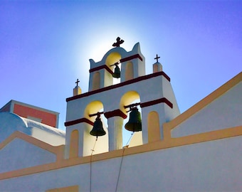 Santorini Church Bells Acrylic Painting, 8x8