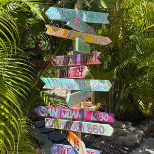 May include: A wooden signpost with multiple colorful directional signs pointing in various directions. The signs display names of cities like Santorini, Las Vegas, Bogota, and Disney, along with distance measurements in miles. The signpost is surrounded by lush green foliage.