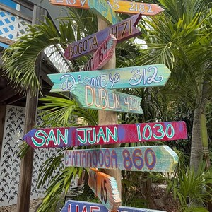 May include: A wooden signpost with multiple directional signs pointing in various directions. Each sign is painted with a different destination name and distance, including Las Vegas, Bogota, Disney, and San Juan. The signs are in front of palm trees.