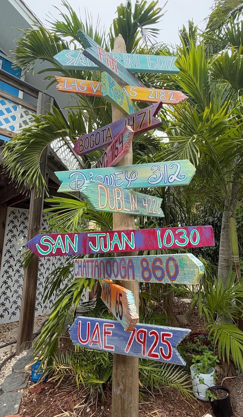 May include: A wooden signpost with multiple directional signs pointing in various directions. Each sign is painted with a different destination name and distance, including Las Vegas, Bogota, Disney, and San Juan. The signs are in front of palm trees.