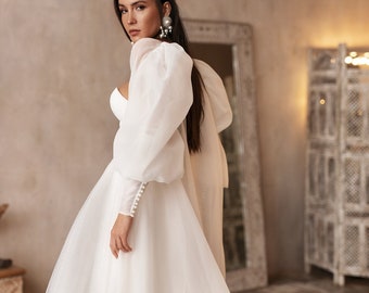 Corset wedding dress, bohemian open shoulder dress, bridal gown with long sleeves cape