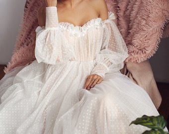 Polka dot a line wedding dress. Blush unique bridal dress. Fairy off the shoulder boho dress with long train and long puffy sleeves