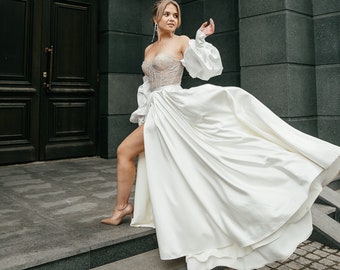 Sweetheart linen corset wedding dress. Maxi slit skirt bridal gown. Off the shoulder long sleeves reception dress.