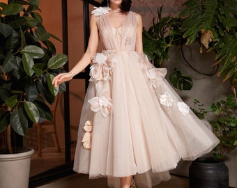Blush Pink tea length wedding dress. Fairy floral prom dress. Beach wedding dress. Terracotta wedding.