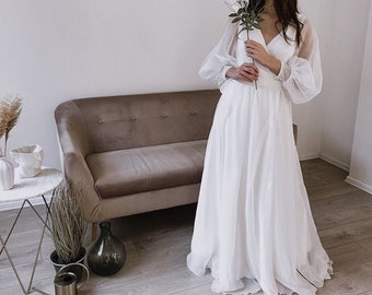 Modest wedding dress. Organza wedding gown, long sleeves wedding dress, wrap bridal gown, bohemian wedding