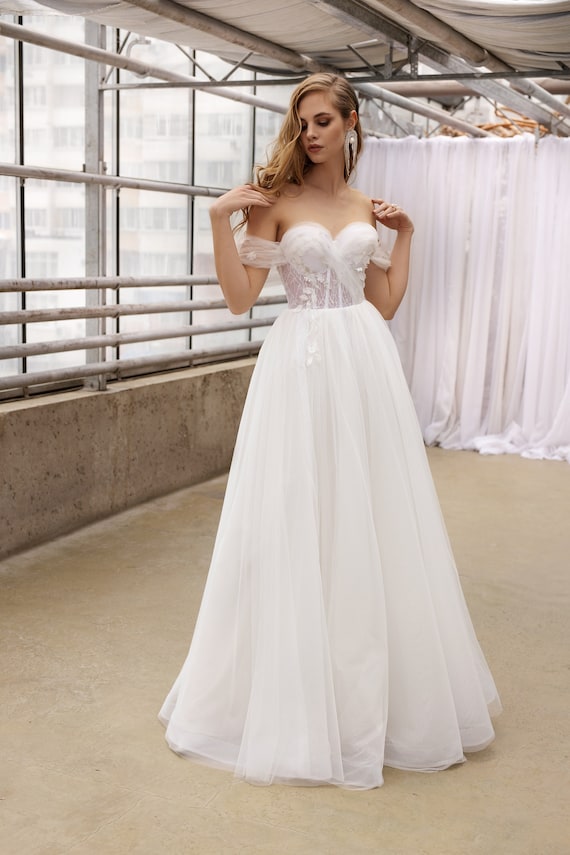 Designer Corset Wedding Dress. off Shoulder Wedding Dress. A Line Wedding Dress. Bohemian Wedding. Natural White Sheer Bridal Gown Etsy