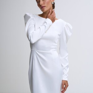 Modest wedding dress. Mini white dress with backless, , pearl button long sleeve and high slit. White reception gown. Crepe wedding dress image 3