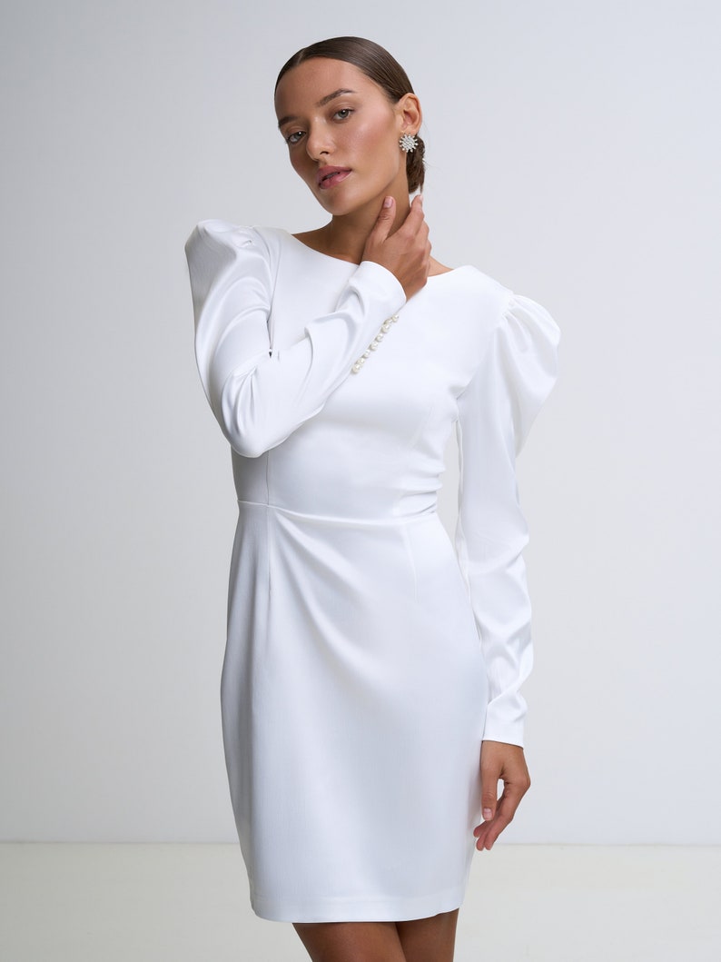 Modest wedding dress. Mini white dress with backless, , pearl button long sleeve and high slit. White reception gown. Crepe wedding dress image 3