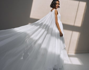 Boho wedding gown, long sleeves wedding dress, organza bridal gown with train skirt and cape wings, Rehearsal dinner dress