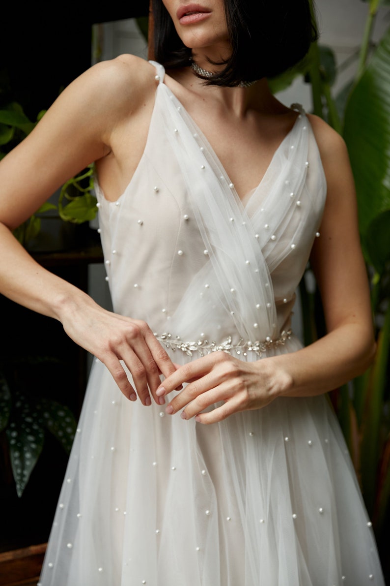 Pearl wedding dress. Fairy wedding dress. Bohemian wedding dress. V neckline image 4