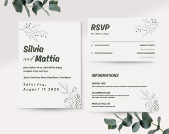 Sage green electronic wedding invitation. Wedding invitation svg. Editable Rsvp cards.