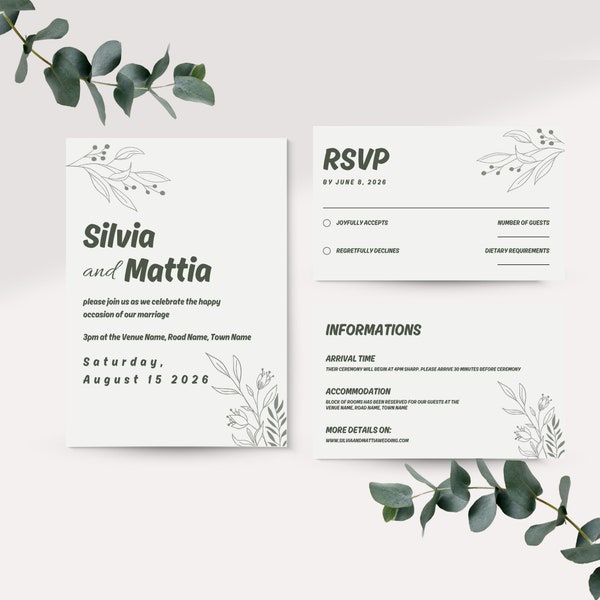 Sage green electronic wedding invitation. Wedding invitation svg. Editable Rsvp cards.