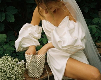 Mini wedding dress with tulip neck. Wrap boho wedding dress. Overbust corset wedding dress.