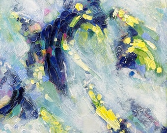 May include: Abstract painting with blue, yellow, and green brushstrokes on a white background.