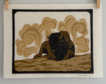 Original Hand-Pressed Limited Edition Bison Linocut Print - Dusty Buffalo Art