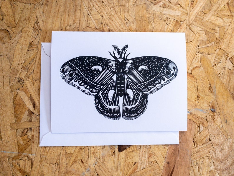 Black and White Moth Art Blank Fine Art Greeting Card 4x6 Cecropia Moth Linocut Print Reproduction