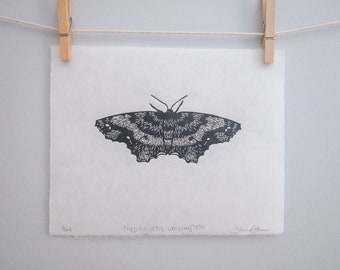 Original Handmade Limited Edition One-Spotted Variant Moth Linocut Print - Black and White Moth Art