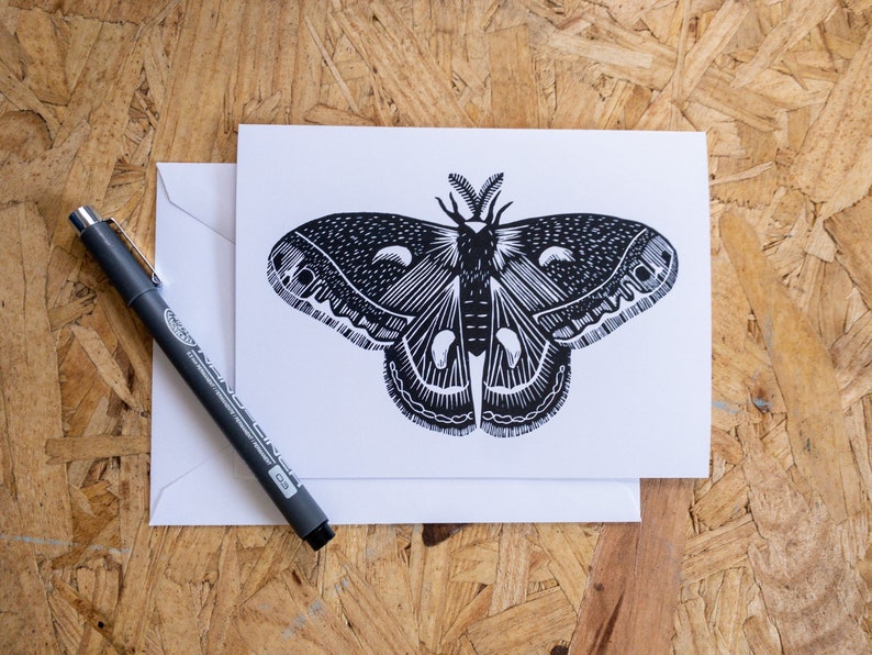 Black and White Moth Art Blank Fine Art Greeting Card 4x6 Cecropia Moth Linocut Print Reproduction