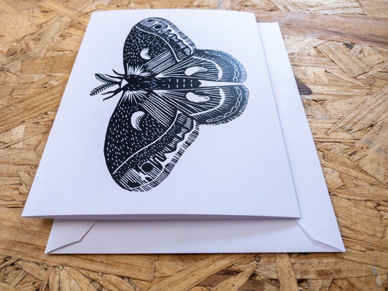 Black and White Moth Art Blank Fine Art Greeting Card 4x6 Cecropia Moth Linocut Print Reproduction