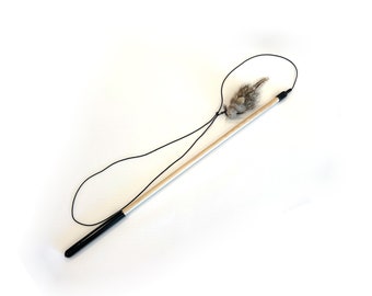 Cat Toy -Wildcat MAX Interactive 18 x 3/8" Birch Wand W/36" ELASTIC Cord & Feather Tail Rattie - Handmade MT - Works with most attachments!