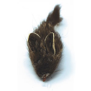 May include: A brown and black furry toy mouse with white accents on the ears. The toy mouse is designed for cats.