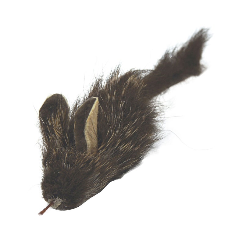 May include: A brown and black furry toy mouse with long whiskers and large ears. The toy is designed for cats.