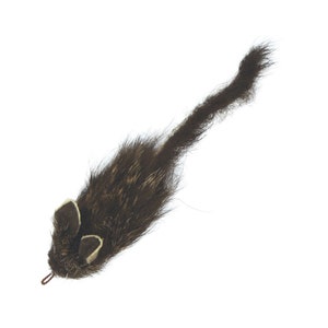 May include: A brown and black furry toy mouse with a long tail. The mouse has white ears and a wire tail.