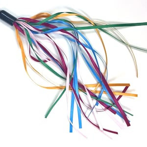 May include: A colorful cat toy with a black handle and multiple ribbons in pink, blue, green, and gold.