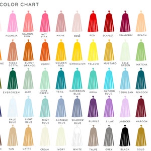 May include: A color chart with 48 different tassel colors. The colors are arranged in rows and columns, with each color labeled with its name. The colors include light pink, blush, fuchsia, salmon pink, hot pink, mauve, rose, red, scarlet, cranberry, peach, apricot, coral, tangerine, terra cotta, burnt orange, poppy, golden rod, dandelion yellow, yellow, mustard, pale green, matcha, lime green, green, olive, evergreen, jade, mint green, teal, caribbean blue, aqua, oxford blue, cerulean, peacock, balsam, blue, navy, pale blue, light blue, mint blue, antique blue, shadow blue, purple, lilac, lavender, maroon, rust, sienna, brown, tan, latte, cream, ivory, white, taupe, grey, black, gold, silver, and spex.