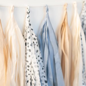 May include: A garland of tissue paper tassels in shades of beige, white, and blue with a black and white polka dot pattern.