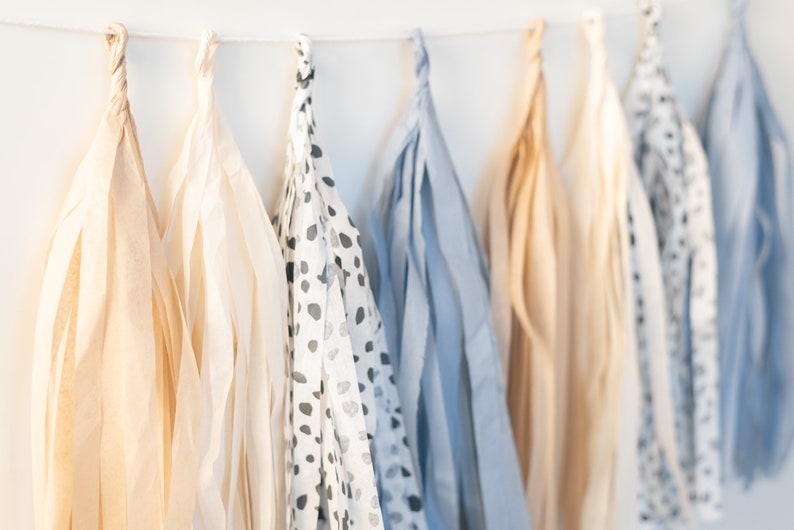 May include: A garland of tissue paper tassels in shades of beige, white, and blue with a black and white polka dot pattern.