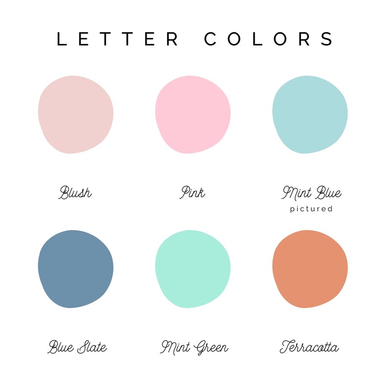 May include: A chart with six color swatches, each with a name below. The colors are blush, pink, mint blue, blue slate, mint green, and terracotta.