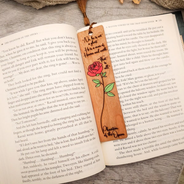 Hand painted Phantom of the Opera Bookmark, Rose & novel quote, Gaston Leroux. Gothic Horror, Dark Academia, Handmade, readers, book lovers