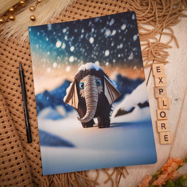 Wolliges Mammut Arctic Adventure Notizbuch, groß 18x25 cm, Softcover Matt, niedliches prähistorisches Baby Mammut-Notizbuch, Origami-Stil