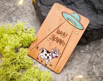 UFO Alien Cow Abduction Bookmark: Cherry Wood, Glow in the Dark, "Udderly Otherworldly!" Gift