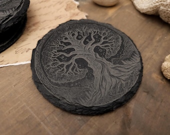 Tree of Life Round Slate Coasters, Yggdrasil Norse Mythology, World Tree Folklore, stone tableware for myth lovers.