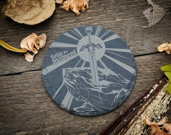 Excalibur Sword Round Slate Coaster - Sword in the Stone Arthurian Legend - 'Seize the Moment' - Set of 1, 2, or 4