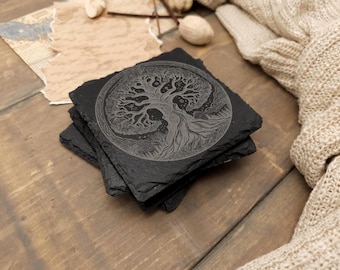 Yggdrasil Slate Coaster: Laser Etched Norse Tree of Life for Mythology Lovers