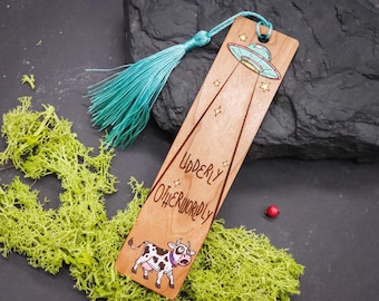 Alien Cow Abduction Bookmark: Cherry Wood, Glow in the Dark, UFO Lover Gift