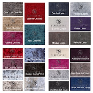 May include: A collection of fabric swatches in various colors and textures, including chenille, linen, and crushed velvet. The swatches are labeled with their names, such as "Charcoal Chenille", "Scarlett Chenille", and "Denim Linen".