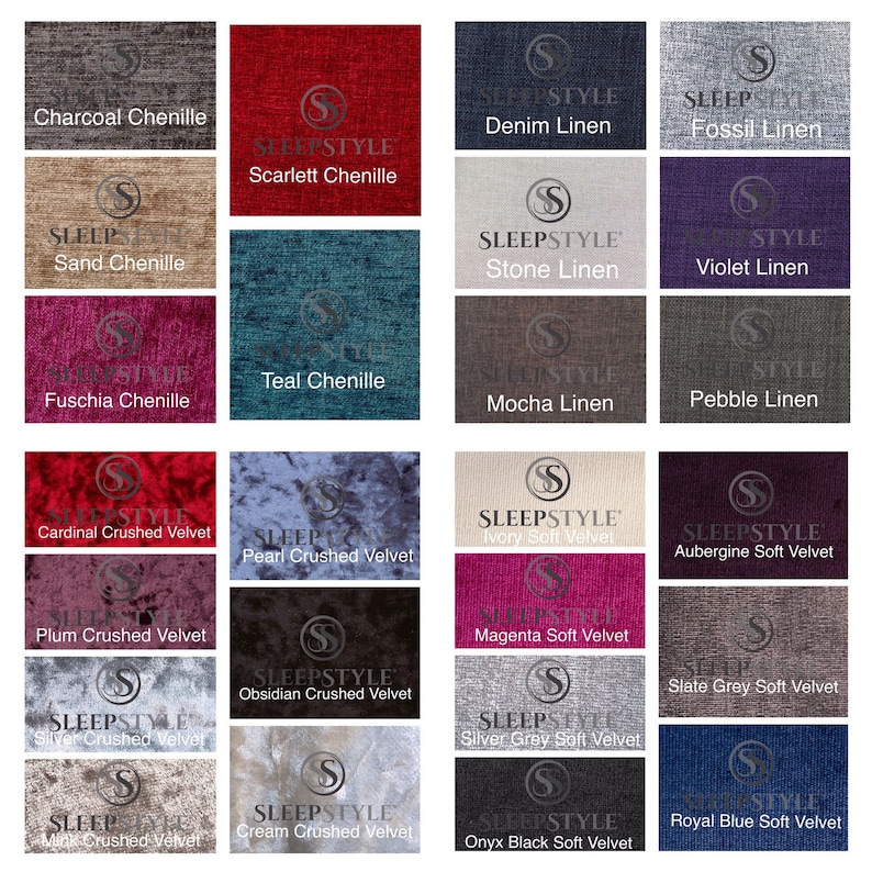 May include: A collection of fabric swatches in various colors and textures, including chenille, linen, and crushed velvet. The swatches are labeled with their names, such as "Charcoal Chenille", "Scarlett Chenille", and "Denim Linen".